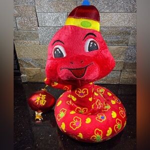 Chinese Lunar New Year Red Plush Snake with Chinese Hat, “Year of the Snake”